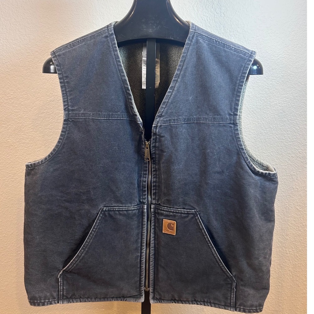 Carhartt V26 BLK Sandstone Duck Sherpa Lined Vest Mens XL Black Washed Canvas